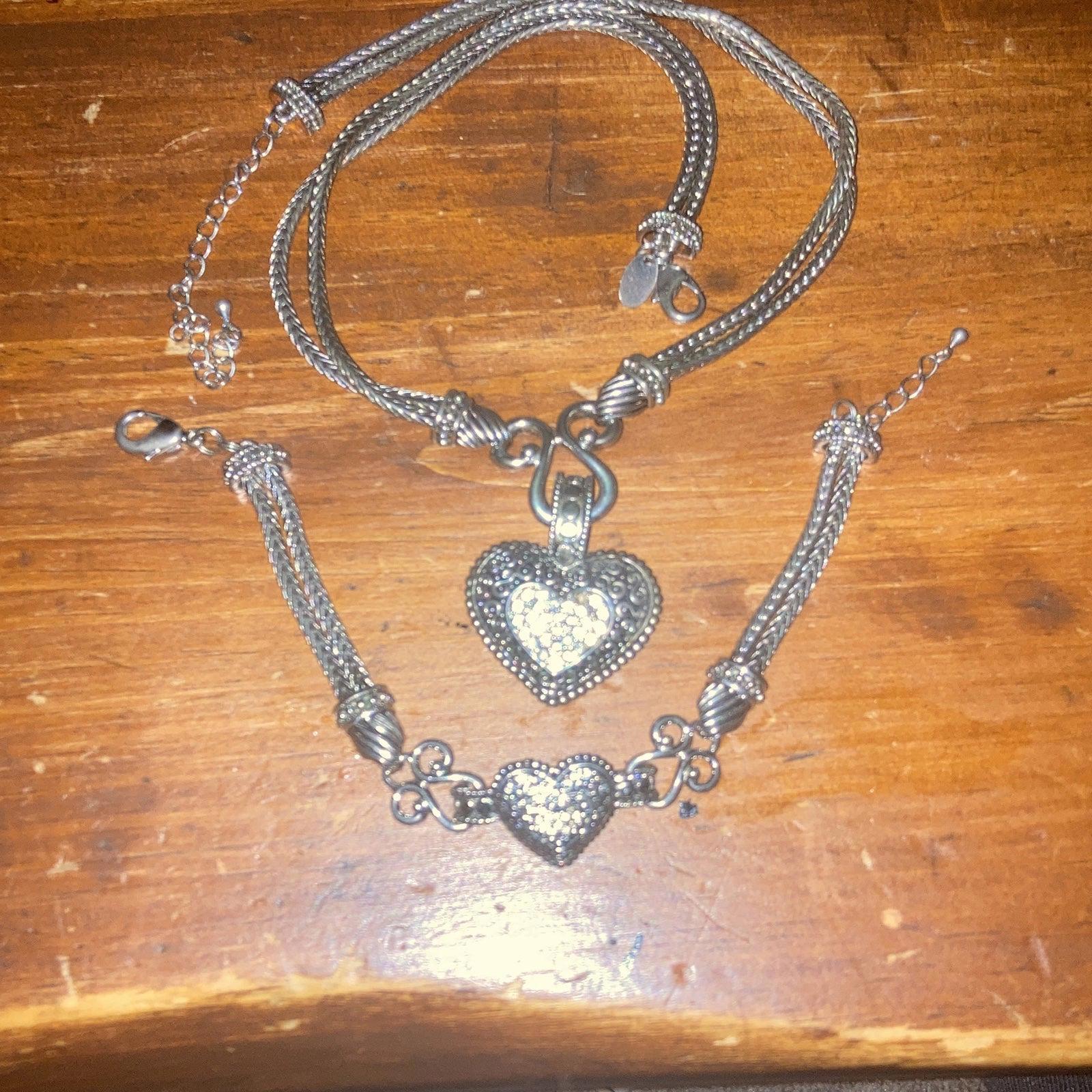 Gorgeous Brighton Like Necklace And Bracelet Set -Heart And Rhinestone
